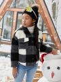 SHEIN Tween Girl Buffalo Plaid Pattern Drop Shoulder Teddy Jacket