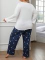 Plus Size Women's Letter & Moon Printed Long Sleeve Long Pants Pyjama Set