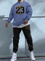 Extended Sizes Men's Blue Round Neck Long Sleeve Letter Print Sweatshirt And Sweatpants Two Piece Set