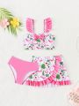 Young Girl's Swimsuit Set With Plant Print And Bow Decoration