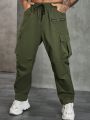 Extended Sizes Men's Plus Size Solid Color Wrinkle-design Zipper & Drawstring Waist Cargo Pants