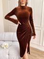 SHEIN Privé Women'S Stand Collar Pleated Slit Hem Long Sleeve Dress