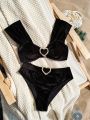 SHEIN Swim Chicsea Solid Color Split Swimsuit Set Decorated With Heart Buckle