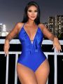 SHEIN Swim Chicsea Deep V-neck Ruffle Trim One-piece Bikini Swimsuit