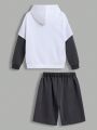 SHEIN Kids Cooltwn Boys' Casual Hoodie And Solid Shorts Knitwear Set, With Letter Printed Pattern, For Older Children