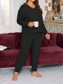 Plus Size Women's Ribbed Long Sleeves And Trousers Pajama Set