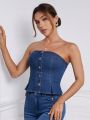 SHEIN Frenchy Button Front Fold Pleated Denim Tube Top