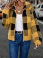 Buffalo Plaid Pattern Drop Shoulder Zipper Teddy Cardigan