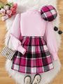 Teenage Girls' Stand Collar Pink Knit T-shirt And Wool Blend A-line Skirt And Hat 3pcs/set