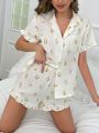 Floral Print Ruffle Trim PJ Set