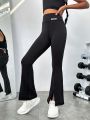 SHEIN Big Girl's Knitted Monogram Pattern Ankle Slit Sports Trousers