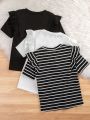 SHEIN Kids FANZEY Tween Girls' Round Neck Ruffle Trim Short Sleeve T-Shirt 3pcs/Set