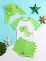 Baby Boy Cartoon Dinosaur Print Color Block Raglan Short Sleeve Top And Shorts Swimsuit Set With Hat, Summer