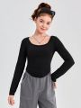 SHEIN Teenage Girls' Knitted Solid Color U Neck Long Sleeve T-shirt 3pcs/set