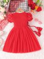 Toddler Girls' Cute Princess Style Beaded Puff Sleeve Mesh Dress, Decorated With Bowknot, Suitable For Party