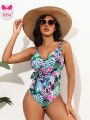 SHEIN DD+ Tropical Print Knotted Side One-Piece Swimsuit