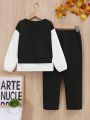 SHEIN Kids EVRYDAY Tween Girls' Knitted Color-Block Loose Fit Top With Wide-Leg Pants Casual 2pcs/Set