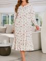 Plus Size Women's Cute Floral Print Ruffle Hem Homewear Nightgown Dress