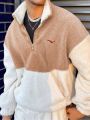 Men Color Block Bird Embroidery Half Zip Teddy Sweatshirt