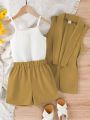 SHEIN Kids FANZEY Girls' Plain Color Casual 2pcs Outfit