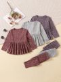 Toddler Girls' Casual & Comfortable Solid Color Pullover Long Sleeve Top And Pants Set For Spring And Autumn