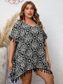 SHEIN Swim BohoFeel Plus Size Tassel Decoration All Over Printed Cover Up