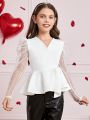 SHEIN Kids FANZEY Tween Girl Surplice Neck Contrast Mesh Gigot Sleeve Ruffle Blouse