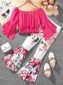 SHEIN Kids QTFun Big Girls' Off-Shoulder Shirt & Floral Wide Leg Pants Casual 2pcs Outfit, Summer