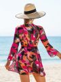 SHEIN Swim Classy Ladies All Over Printed Kimono With Knotted Front