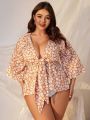 SHEIN Swim Mod Plus Size Printed Kimono Dress With Flowing Ribbons