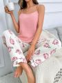 Women'S Cami Tank Top And Flower Printed Pajama Set