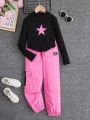 SHEIN Kids HYPEME Tween Girl Embroidery Star Pattern Lettuce Trim Mock Neck Tee & Cargo Pants