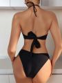 SHEIN Swim BAE Women's Solid Color Halter Neck Hollow Out Bikini Swimsuit Set