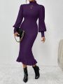 SHEIN Privé Turtleneck Lantern Sleeve Ruffle Hem Sweater Dress