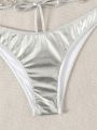 SHEIN Swim BAE Rhinestone Decor Silver Metallic Bikini Swimwear Set