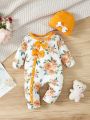 Baby Girl Floral Print Bow Front Contrast Binding Jumpsuit & Hat