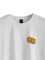 Sober Artwerk Cartoon Flower & Letter Printed Round Neck Drop Shoulder Short Sleeve T-Shirt