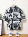 SHEIN Kids Cooltwn Tween Boys' Casual Cool Street-Style Surfing Print Camp Collar Loose-Woven Short Sleeve Shirt