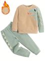 SHEIN Kids QTFun Toddler Boys' Cute And Comfortable Dinosaur Applique Embroidery Design Sweatshirt With Round Neck And Long Pants Set