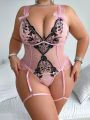Plus Size Floral Embroidery Splicing Polka Dot Mesh Sexy Lingerie