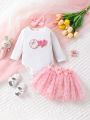 Baby Girls' Donut Applique Jumpsuit With Colorful Dots Mesh Half Skirt, Bow Hairband, Spring/Summer, Fashionable, Comfortable, Cute, Sweet And Romantic