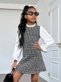 SHEIN Kids Cooltwn Tween Girl Plaid Pattern Flounce Sleeve Frill Trim 2 In 1 Tweed Dress