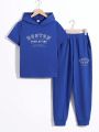 SHEIN Kids EVRYDAY Boys' Loose Casual Hooded Short Sleeve T-Shirt And Long Pants Set With Letter Print, Tween