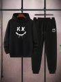 Men's Plus Size Two-piece Set: Smiling Face Printed Hoodie And Sweatpants