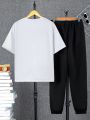 SHEIN Teenage Boys' Casual Loose Short Sleeve Top & Long Pants Set With English Letter Pattern