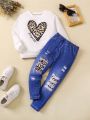 Little Girls' Heart Leopard Print Crewneck Sweatshirt And Printed Pants Set, Simple And Comfortable, Autumn And Winter