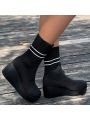 Women's Autumn & Winter Striped Knitted One-footed Slope Heel Boots