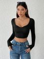 SHEIN PETITE Solid Color Long Sleeve Crop Top T-Shirt