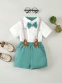 Infant Boys' Bowtie Short Sleeve Colorblock Romper And Overall Shorts Outfit