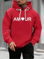 Men's Letter & Heart Print Hooded Sweatshirt With Drawstring